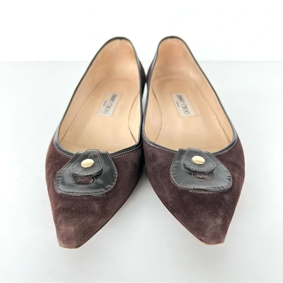 JIMMY CHOO Brown Suede w Leather Accent Close Pointy Toe Slip On Flats Sz 39 1/2